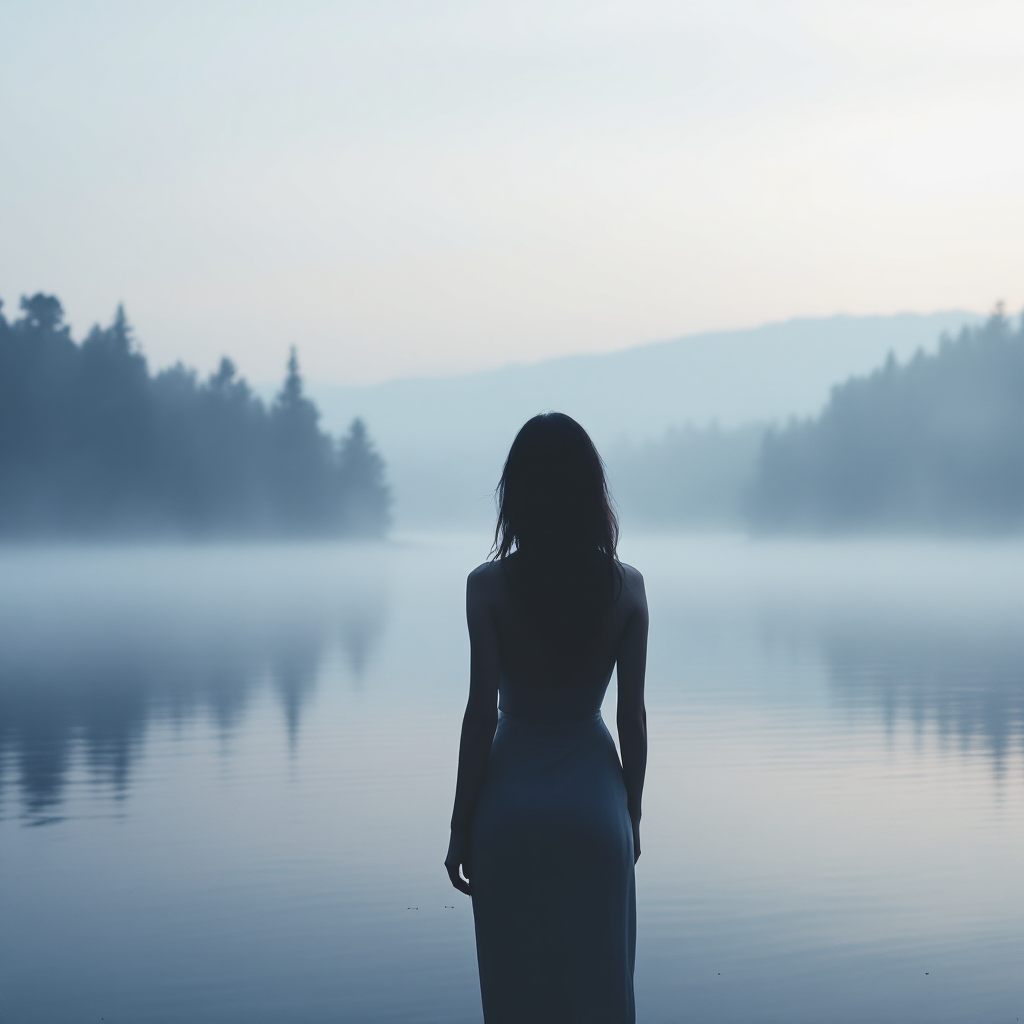 A figure stands at the edge of a misty lake, gazing thoughtfully at the calm waters and trees in the distance, embodying the sentiment of not wasting moments on worry.