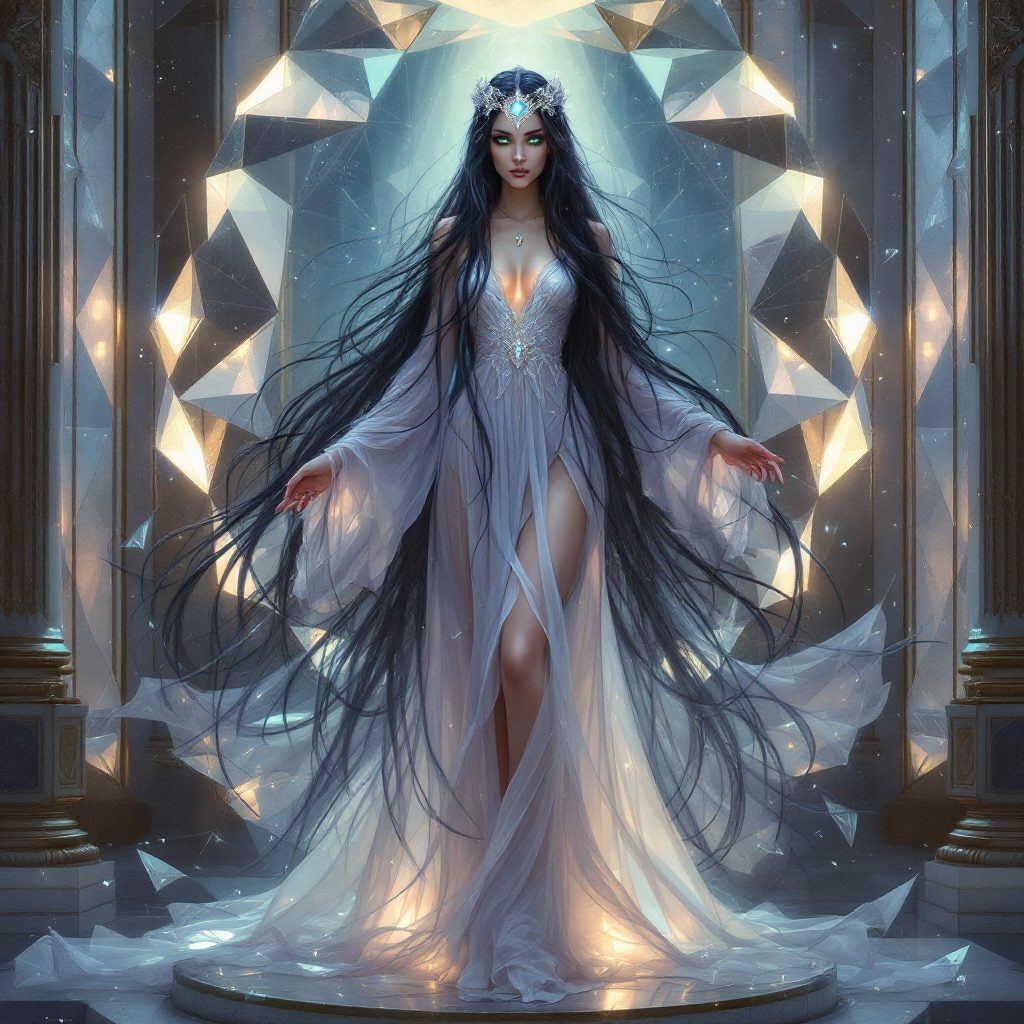 A luminous figure adorned in a flowing white gown stands amidst sparkling crystals, embodying the immortal sister of the Risen Emperor, radiating ethereal beauty and strength.