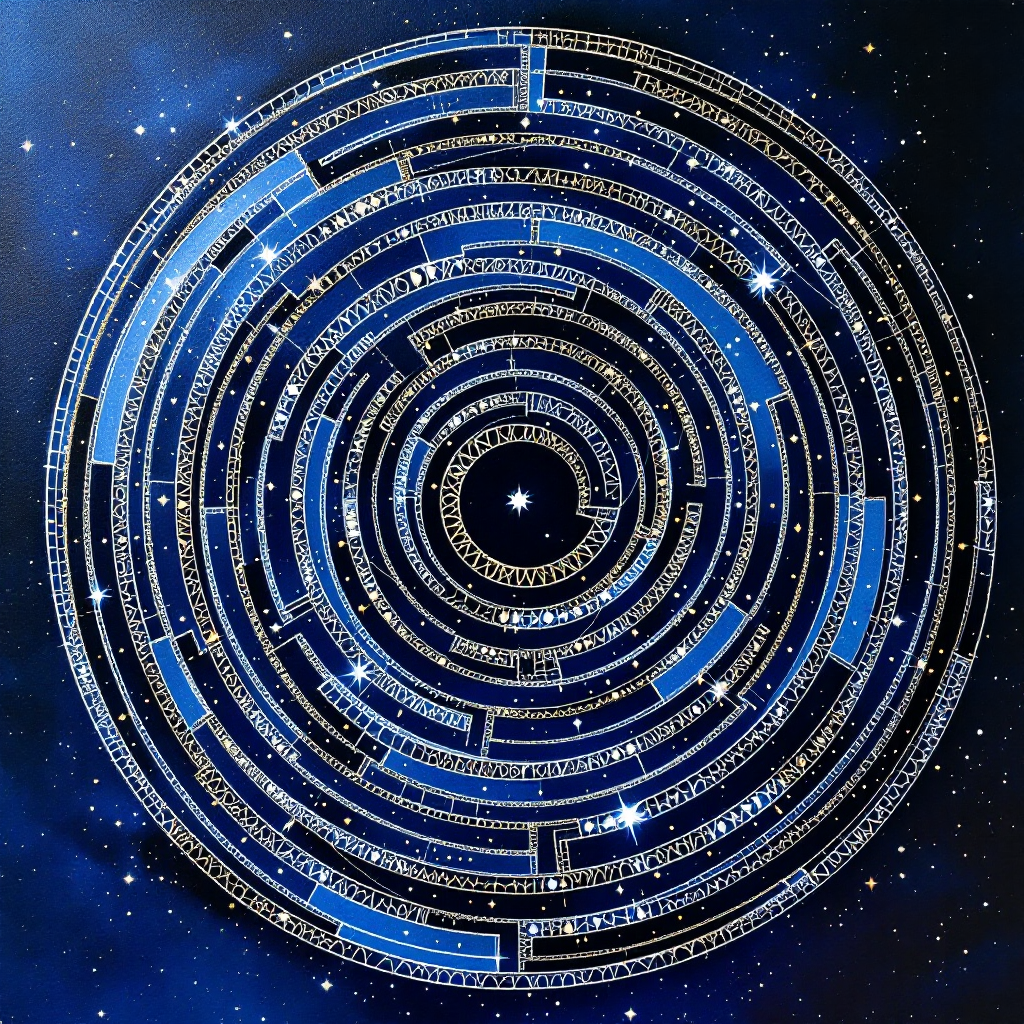 A cosmic labyrinth spirals outward, featuring intricate paths adorned with blue accents and sparkling stars, symbolizing the myriad choices and possibilities of the future.