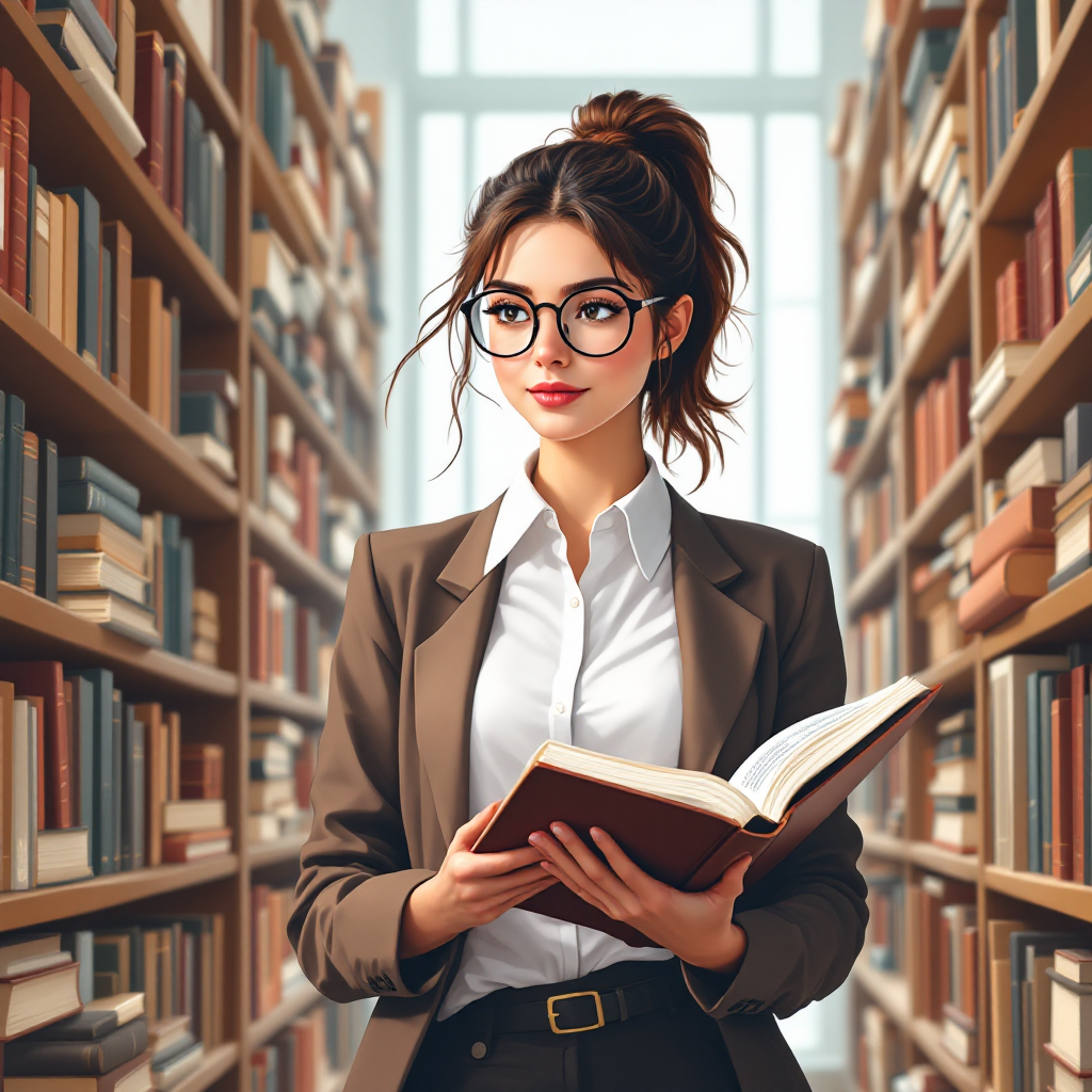 A young woman in a blazer and glasses stands in a library, holding an open book, surrounded by tall shelves filled with books, embodying a desire for knowledge and connection.