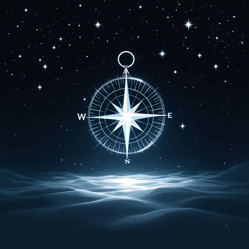 A luminous compass floats above a serene, starry ocean, symbolizing hope and guidance through darkness, echoing the sentiment of navigating challenges in life.