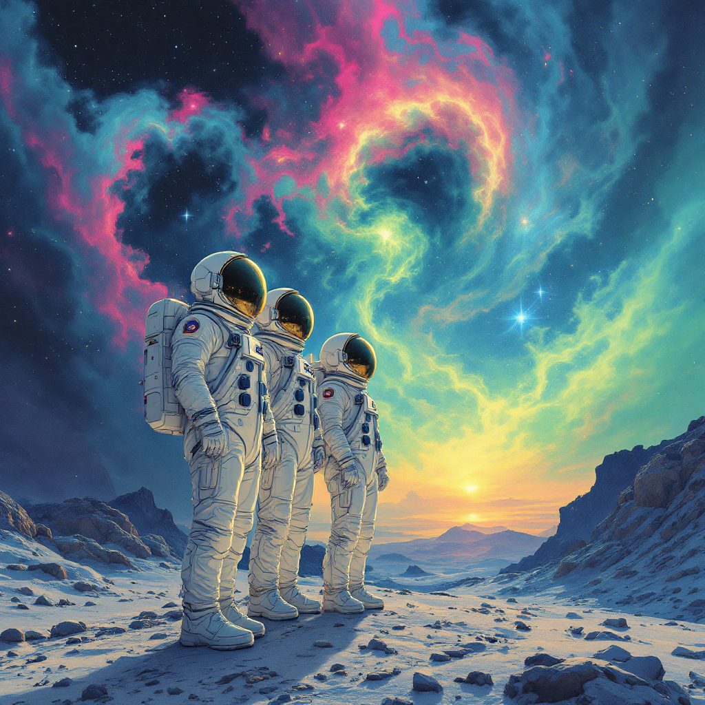 Three astronauts stand on a rocky landscape, gazing at a vibrant cosmic swirl of colors in the sky, embodying the quest to understand our place in the universe.