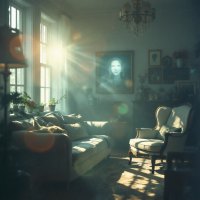 A sunlit living room with a cozy sofa and an armchair, surrounded by framed pictures and plants, embodies the warmth and duality of home, reflecting a heart split between two places.