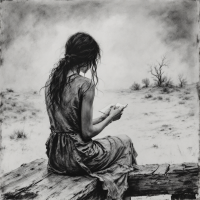 A somber figure in a tattered dress sits on a weathered log, writing in a desolate landscape under a bleak sky, embodying the struggle with uncomfortable truths.