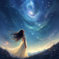 A woman in a flowing white dress gazes up at a starry sky, embodying the quote, Without darkness, we would never see the stars, as swirling galaxies illuminate the night.