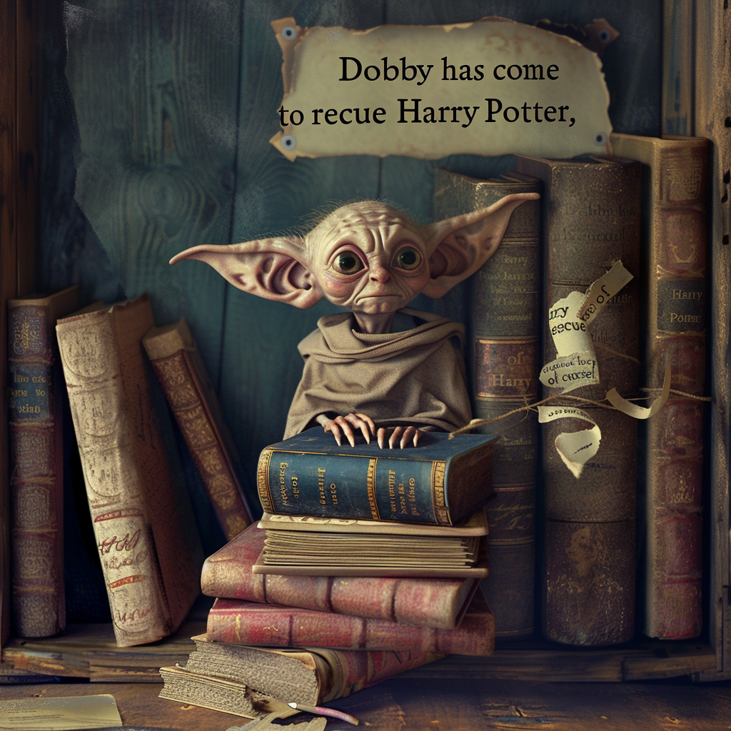 Dobby the house-elf stands on a stack of books in a wooden room, with a scroll unraveled beside him. Above, a parchment reads, Dobby has come to rescue Harry Potter.