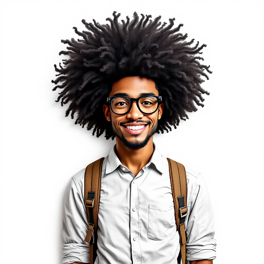 A cheerful college student with a wild Afro hairstyle, wearing glasses and a light button-up shirt, stands confidently with a backpack slung over one shoulder.