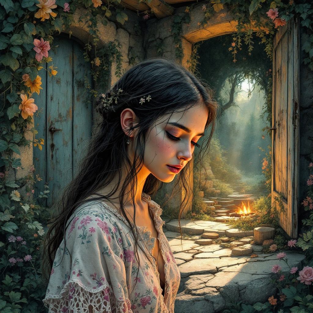 A contemplative young woman stands in a serene, sunlit garden, surrounded by flowers and ancient stone walls, embodying the healing power of time and nature.