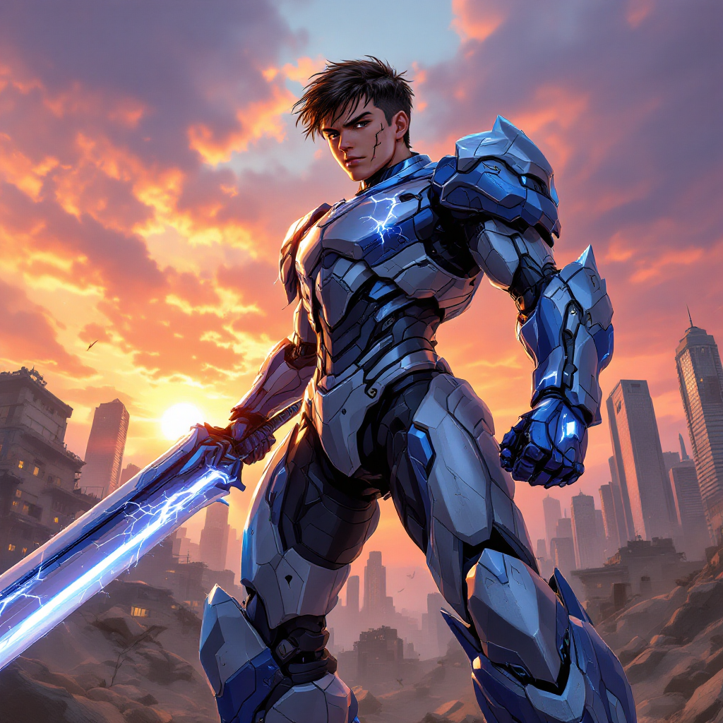 A heroic figure in futuristic armor stands resolute, sword in hand, against a backdrop of a dramatic sunset and a city skyline, embodying the essence of courage in a challenging world.