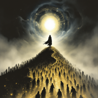 A cloaked figure stands atop a golden hill, surrounded by dark silhouettes of people, gazing into a bright, glowing light above, embodying the power of money over souls.