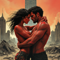 A couple embraces in a post-apocalyptic setting, their bodies painted in red. The backdrop of crumbling buildings and an orange sky reflects the struggle between love and tyranny.