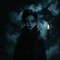 A haunting figure stands in a dark, smoky atmosphere, illuminated by a flickering candle. The expression conveys deep wisdom, embodying the quote, Pain is the best teacher.