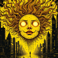 A vibrant yellow sun with a face and glowing eyes looms over a city skyline, embodying the duality of teaching and punishment, as suggested by the quote about the sun.