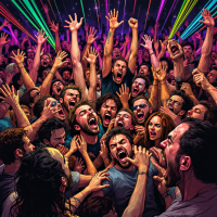 A vibrant, chaotic crowd passionately reacting to music, with arms raised and intense expressions, embodying the quote about people dancing in a struggle for survival.