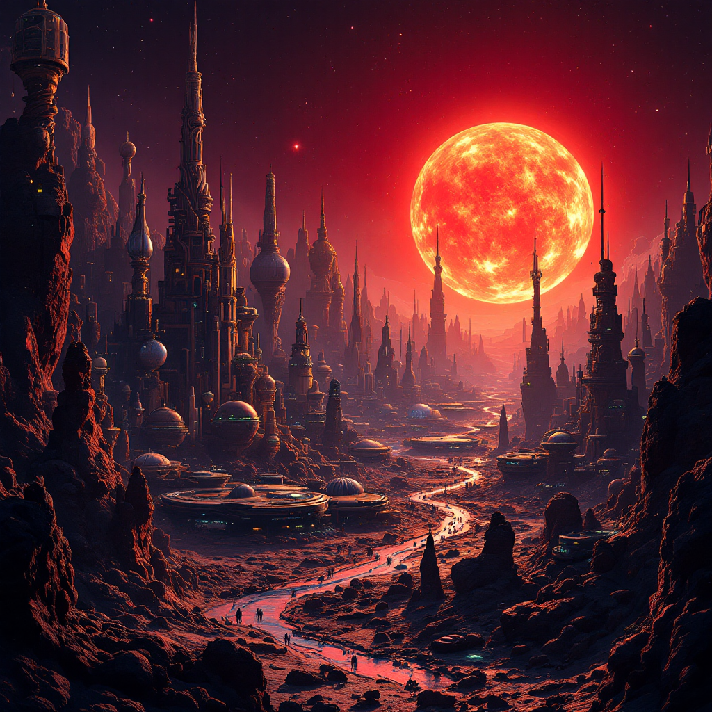 A stunning, rocky landscape of towering spires and scattered habitats under a blood-red sun, depicting the vibrant world of the Roamers and their expansion around a dwarf star.