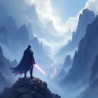 A lone figure with a glowing sword stands atop a rocky ledge, gazing over a misty valley surrounded by majestic mountains, symbolizing the inner battles we face against doubt.