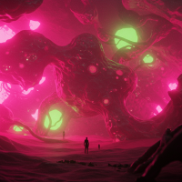 A surreal, vibrant landscape filled with glowing, organic forms in shades of pink and green, evoking the concept of unseen intelligences enclosing us in a time vault.