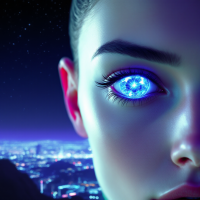 A close-up of a person's eye glowing with vibrant blue light, resembling tiny diamonds, set against a dark cityscape at night. The eye exudes a captivating, glittering effect.