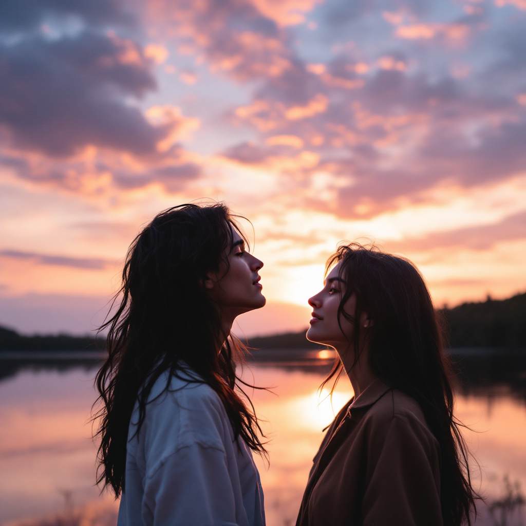 Two women stand facing each other at dawn, silhouetted against a vibrant, colorful sky reflecting on calm water. The scene captures the moment of realization described in the quote.