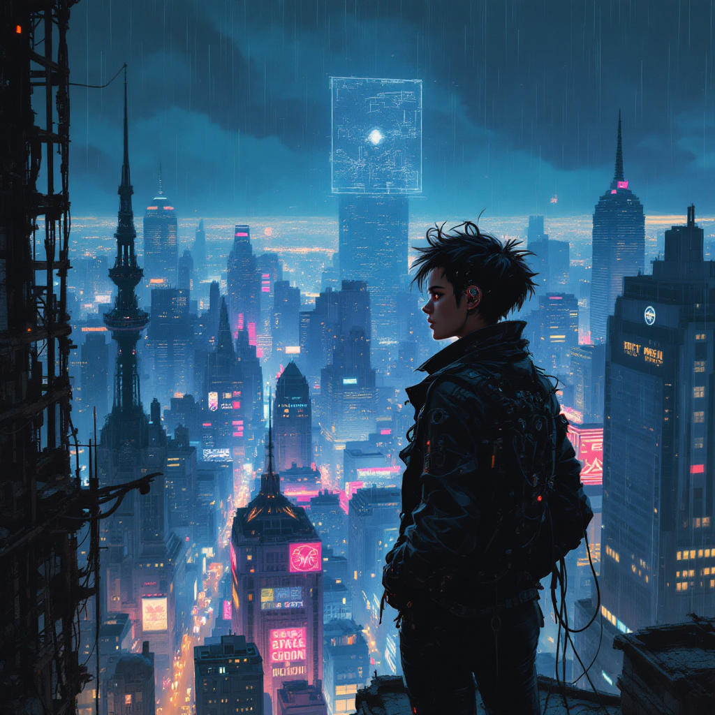 A figure stands on a rooftop at night, gazing out over a vibrant, futuristic city illuminated by neon lights and rain, embodying the connection between past stories and future possibilities.