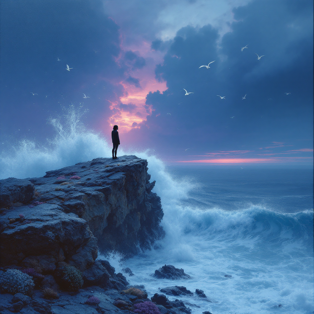 A lone figure stands on a rocky cliff overlooking turbulent waves under a dramatic sky, embodying the sentiment of personal experience and introspection.