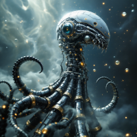 A futuristic creature emerges, featuring segmented metal tentacles with black and gold joints, topped with a sleek, metallic head, all set against a mystical, cloudy background.