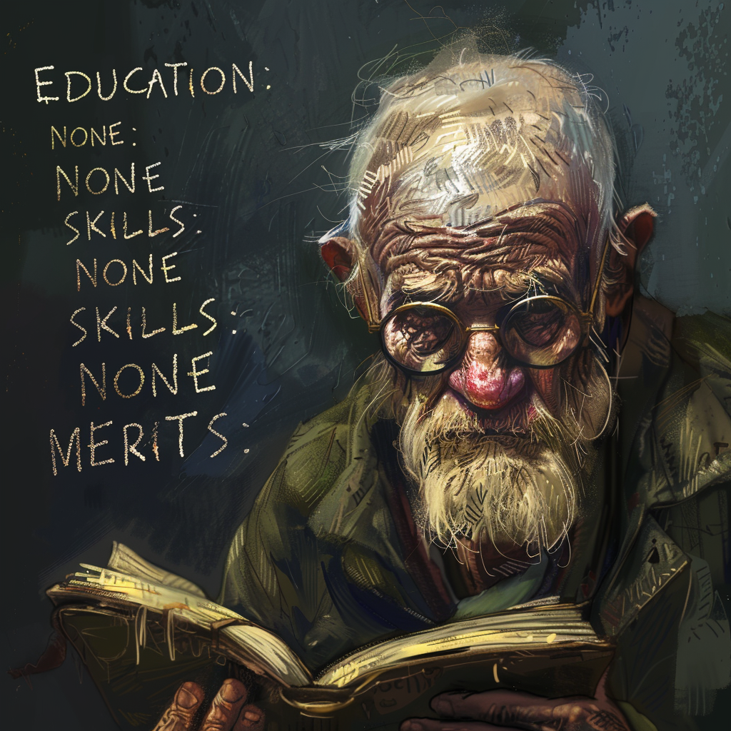 An elderly man with white beard and glasses reads a book; beside him, text on a dark background states: EDUCATION: NONE SKILLS: NONE MERITS: NONE.