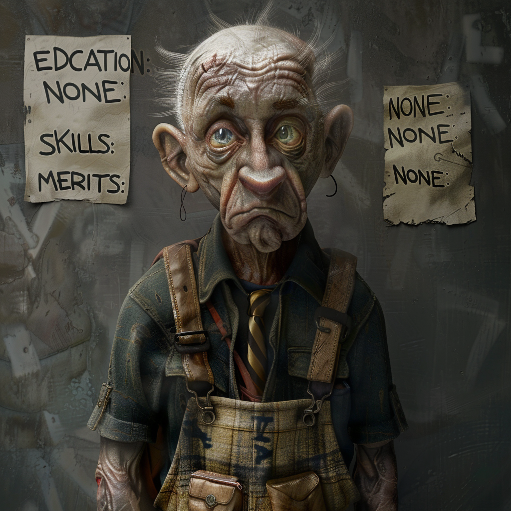 A weary elderly man stands in front of tattered posters declaring EDUCATION: NONE, SKILLS: NONE, and MERITS: NONE. He wears patched overalls and has a forlorn expression.