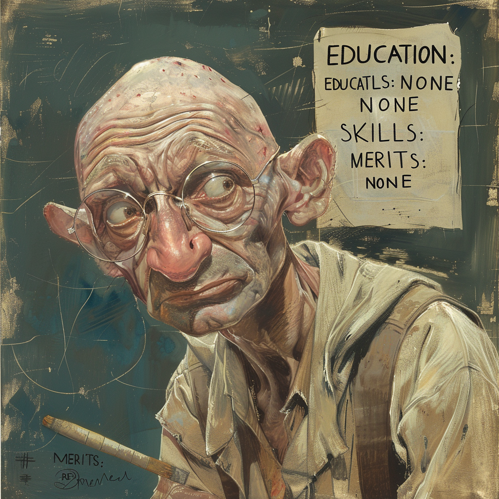 A cartoon-like figure looks to the side, with a handwritten sign behind him listing EDUCATION: NONE, SKILLS: NONE, MERITS: NONE. The character has exaggerated features and a serious expression.