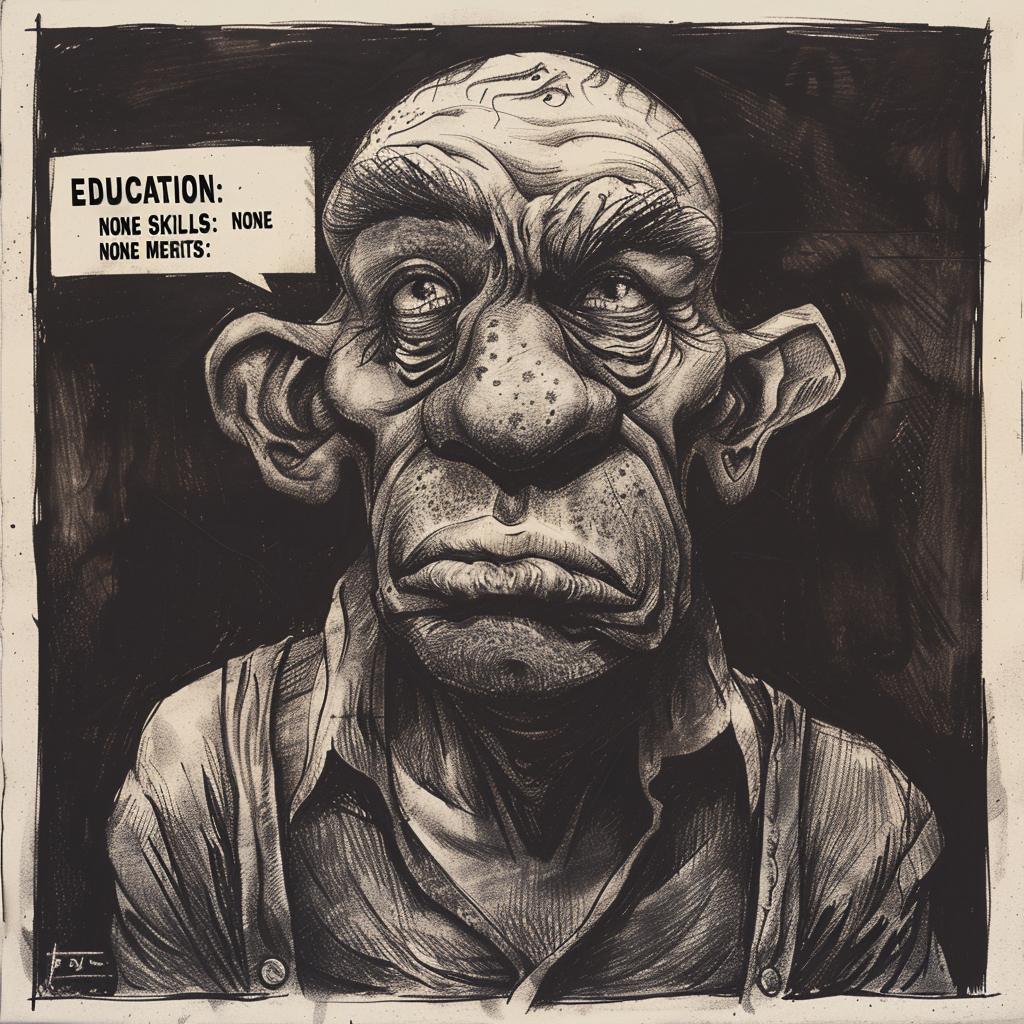 A monochromatic illustration of a somber, weary-looking man with exaggerated features. A speech bubble reads: EDUCATION: NONE SKILLS: NONE MERITS: NONE. The background is dark and shadowy.