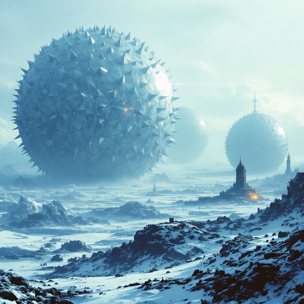 A snowy landscape features giant, spiked spherical ships resembling ice globes, hinting at a hidden empire engaged in a titanic war.