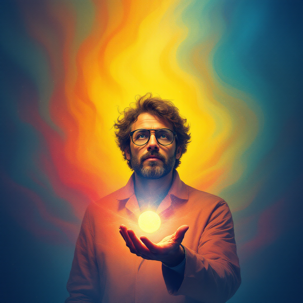 A man in a lab coat holds a glowing orb in his palm, surrounded by vibrant swirls of color, symbolizing the pursuit of scientific truth beyond loyalty and disloyalty.