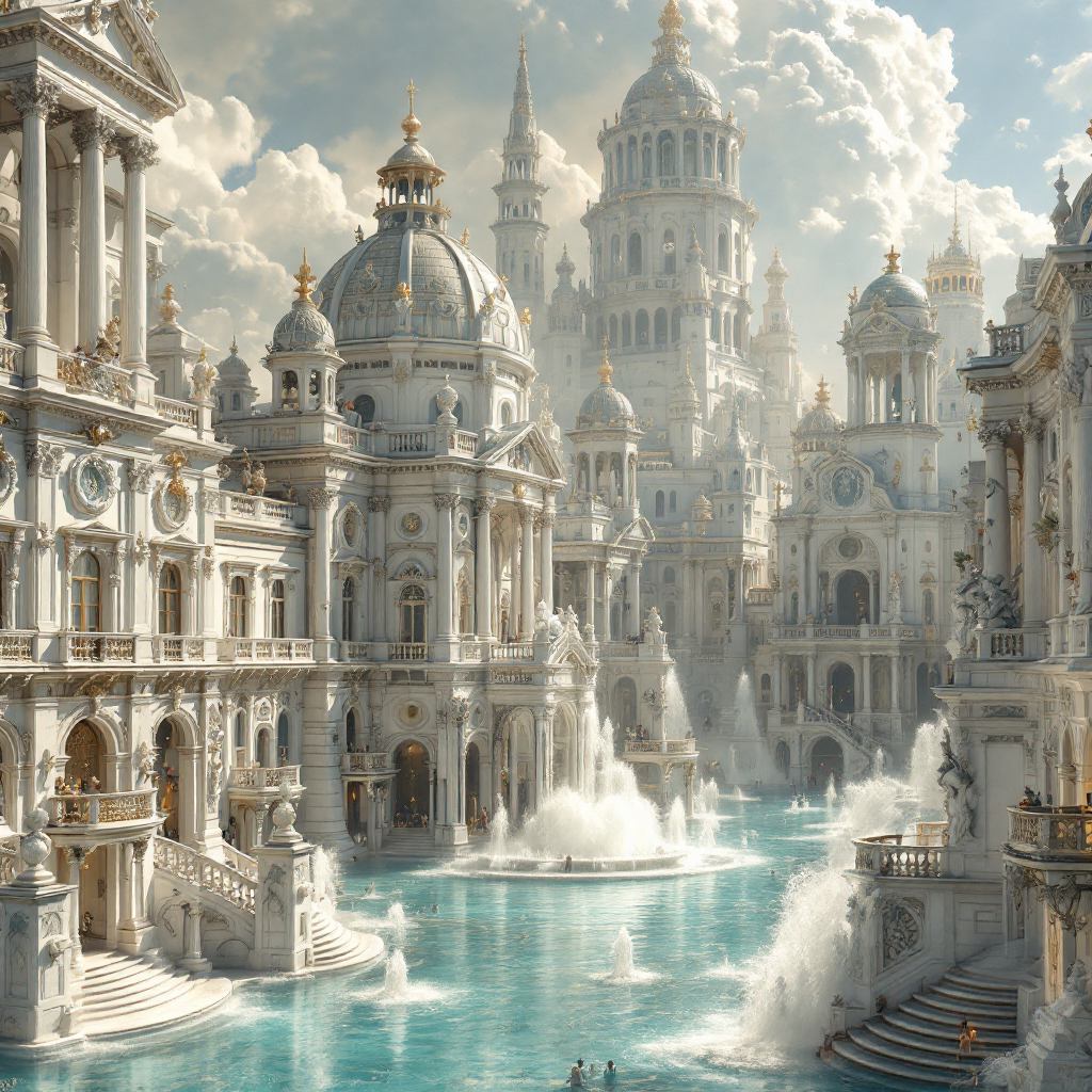 A sprawling, ethereal cityscape bathed in soft light, featuring grand architecture, shimmering fountains, and a tranquil blue lagoon, embodying the fleeting promise of the White City.