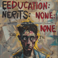A distressed man with a weary expression stands beneath graffiti-styled text reading EDUCATION: NONE and MERITS: NONE. The background is a chaotic mix of colors and abstract elements.