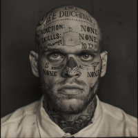 A black-and-white portrait of a man with extensive face tattoos that include words like EDUCATION: NONE, SKILLS: NONE, and MERITS: NONE. He has a serious expression and wears a light-colored shirt.