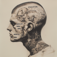 A detailed tattooed profile of a person with the words EDUCATION: NONE, SKILLS: NONE, MERITS: NONE incorporated into the design.