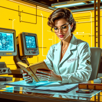 A woman in a lab coat reads a book at a futuristic desk with vintage computers, embodying the message that you're never too old to learn something new against a vibrant yellow backdrop.