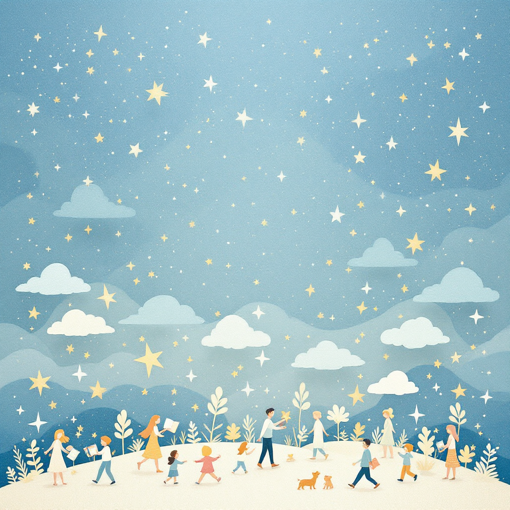 A whimsical scene of diverse figures walking amidst a starlit sky and gentle hills, embodying the sentiment that small acts of kindness illuminate a vast universe.