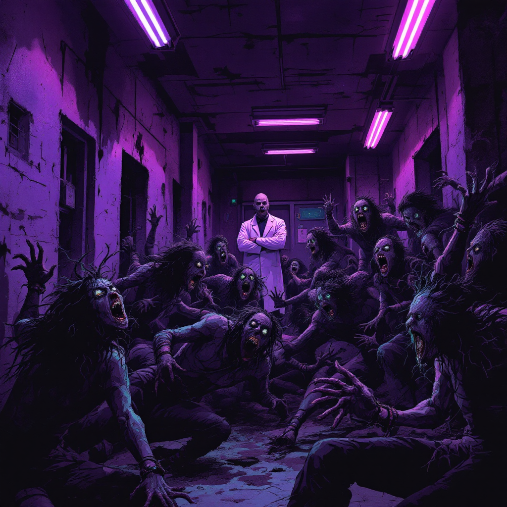 A dark, eerie corridor illuminated by neon lights is filled with desperate, chaotic figures reaching out, while a calm figure stands confidently at the center, embodying exposure and confrontation.