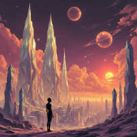 A figure stands before towering crystalline structures under a vivid sunset, with multiple celestial bodies shining in a surreal, incomprehensible landscape.