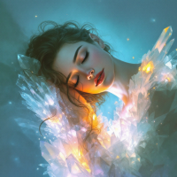 A serene woman with curled hair leans against a crystalline structure, illuminated by soft lights, conveying a sense of familiarity and tender remembrance.