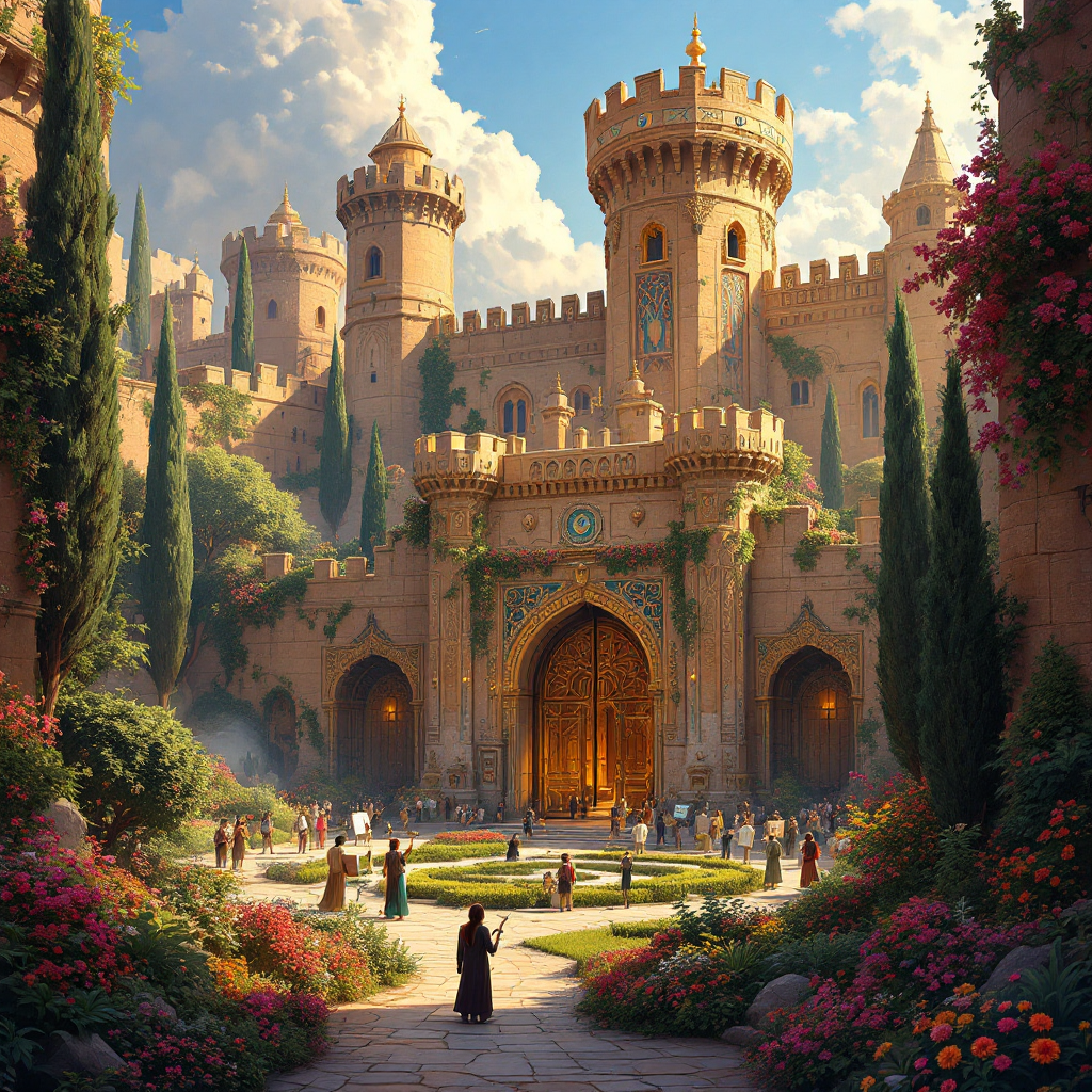 A grand castle surrounded by lush gardens and people, symbolizing the choice to build fortresses or to invite others in, echoing themes of community and openness.