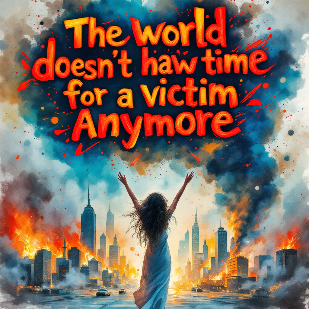 A figure stands with arms raised against a backdrop of a burning city, embodying resilience. Bold, colorful text reads: The world doesn’t have time for a victim anymore.