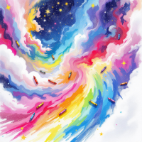 A vibrant cosmic scene filled with swirling colors of blue, pink, and yellow, punctuated by stars and clouds, embodying the idea that stories bring the universe to life.