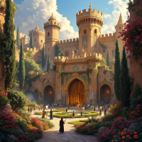 A grand castle surrounded by lush gardens and people, symbolizing the choice to build fortresses or to invite others in, echoing themes of community and openness.