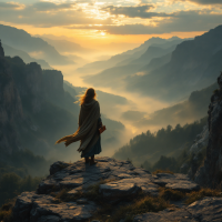 A figure stands on a rocky ledge, draped in a cloak, overlooking misty valleys at sunrise, embodying strength and resilience in response to a choice between victimhood and empowerment.