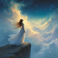 A figure in a flowing white dress stands on a rocky outcrop, gazing up at a starry sky filled with swirling clouds and shimmering light, evoking a sense of wonder and possibility.