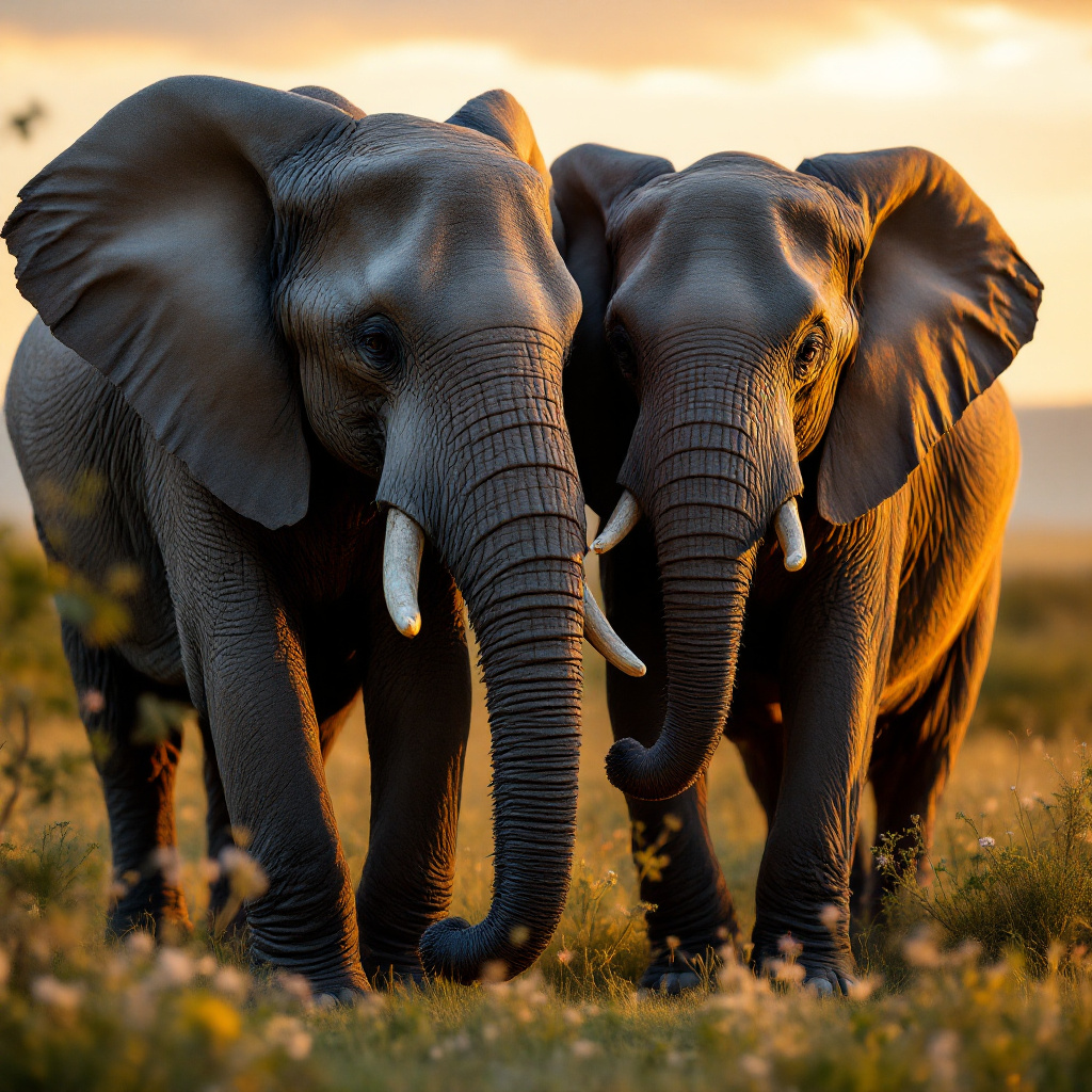 A group of elephants stand closely together in a sunlit field, their trunks intertwined, symbolizing unity and collective thought as they enhance their decision-making capability.