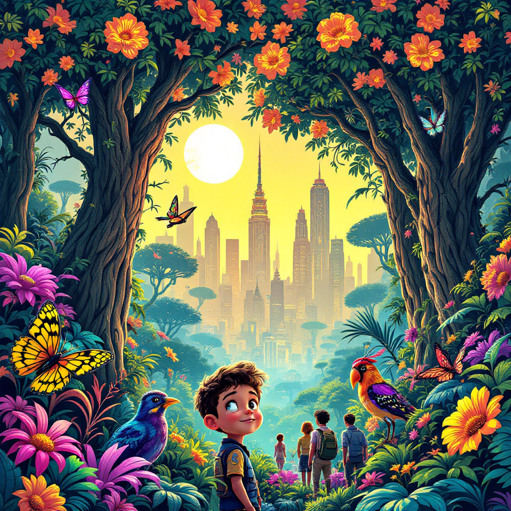 Vibrant jungle framing a glowing city skyline at sunset, with colorful butterflies, birds, and a boy looking toward the scene, embodying the quote about stars as a jungle full of life.