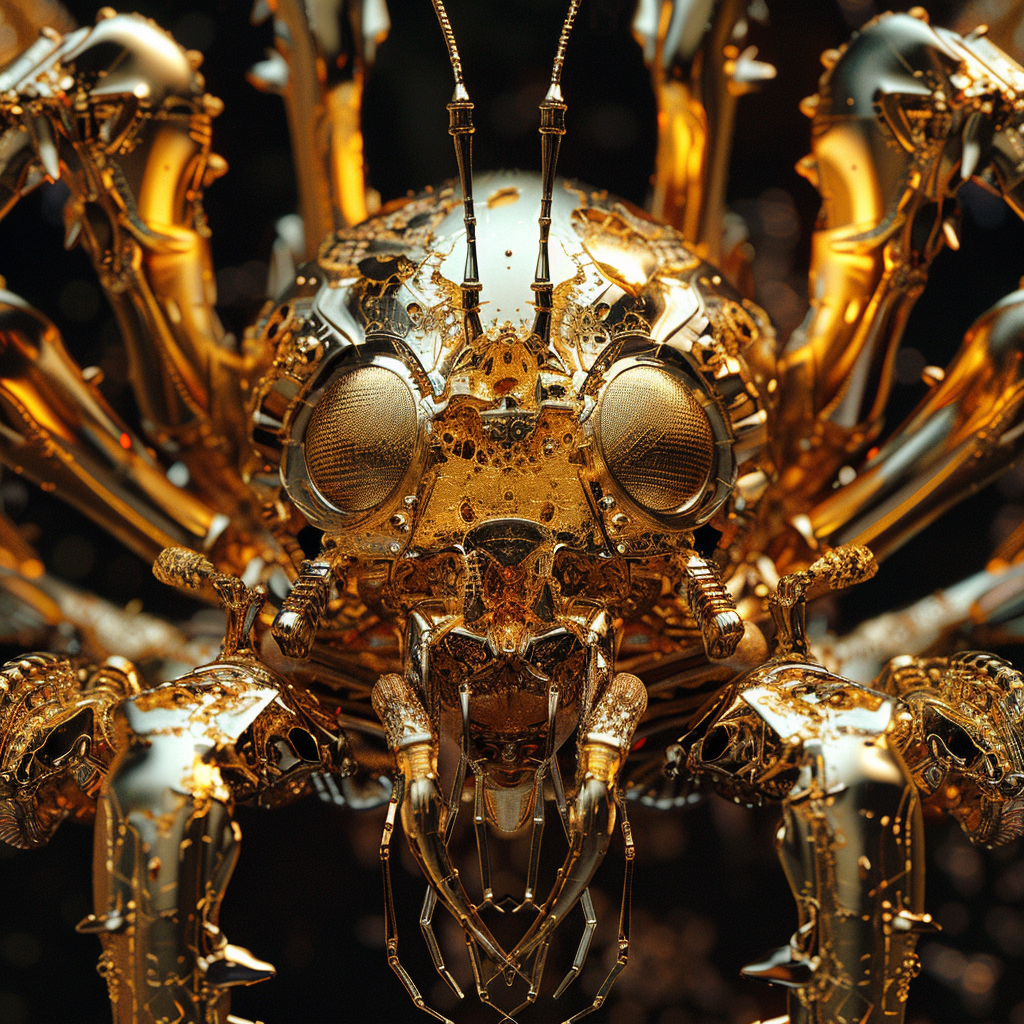 Digital artwork of a six-armed, golden robotic creature with a somber metallic face, inspired by a book description.